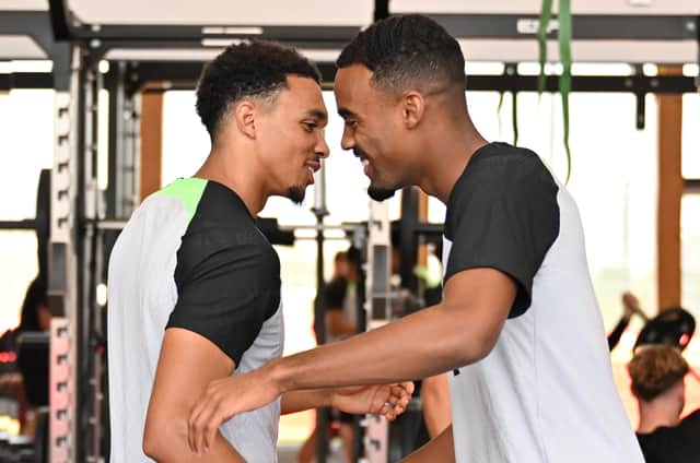 Ryan Gravenberch new signing of Liverpool meeting Trent Alexander-Arnold of Liverpool at AXA Training Centre on September 01, 2023 in Kirkby, England. (Photo by Andrew Powell/Liverpool FC via Getty Images)