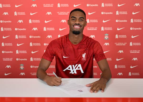 Ryan Gravenberch signing for Liverpool at AXA Training Centre on September 01, 2023 in Kirkby, England. (Photo by Andrew Powell/Liverpool FC via Getty Images)