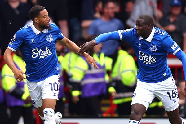 Arnaut Danjuma of Everton celebrates with teammate Abdoulaye Doucoure after scoring the team's second goal during the Premier League match between Sheffield United and Everton FC at Bramall Lane on September 02, 2023 in Sheffield, England. (Photo by George Wood/Getty Images)