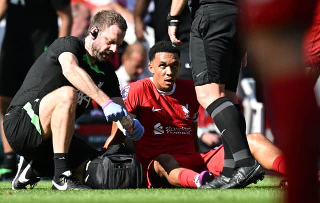 Trent Alexander-Arnold limped off in Liverpool’s victory over Aston Villa. Picture: PAUL ELLIS/AFP via Getty Images
