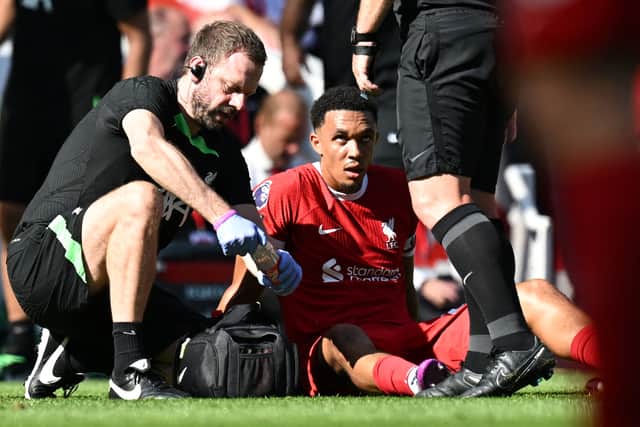 Trent Alexander-Arnold limped off in Liverpool’s victory over Aston Villa. Picture: PAUL ELLIS/AFP via Getty Images