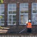 Remedial work being carried out at Mayflower Primary School in Leicester, which has been affected with sub standard reinforced autoclaved aerated concrete (RAAC). Credit: Jacob King/PA Wire