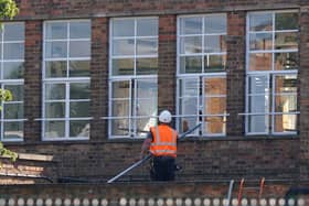 Remedial work being carried out at Mayflower Primary School in Leicester, which has been affected with sub standard reinforced autoclaved aerated concrete (RAAC). Credit: Jacob King/PA Wire