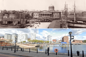 Customs House, Liverpool, past and present. Image: Hulton Archive/Getty Images & Google Street View