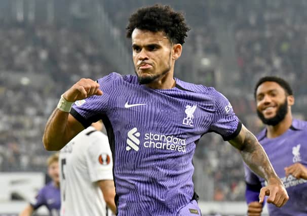 Luis Diaz of Liverpool celebrates after scoring the second goal during the UEFA Europa League 2023/24 group stage match between LASK and Liverpool FC on September 21, 2023 in Linz, Austria. (Photo by Andrew Powell/Liverpool FC via Getty Images)
