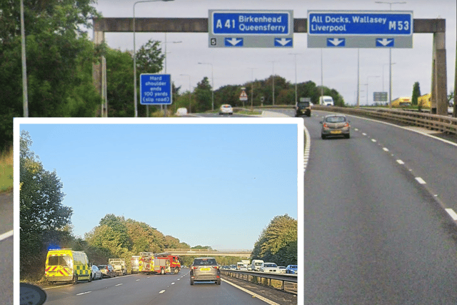 A bus taking students to both West Kirby Grammar School for Girls and Calday Grange Grammar School crashed on the M53. Image: @SherinAkhtar/x and Google Street View
