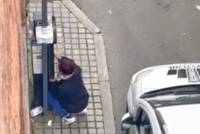 The footage shows a woman crouched down next to a parking meter appearing to attempt to extract cash. Image: LDRS