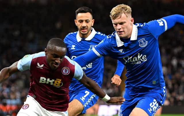 Moussa Diaby of Aston Villa is challenged by Jarrad Branthwaite of Everton during the Carabao Cup Third Round match between Aston Villa and Everton at Villa Park on September 27, 2023 in Birmingham, England. (Photo by Shaun Botterill/Getty Images)