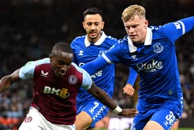 Moussa Diaby of Aston Villa is challenged by Jarrad Branthwaite of Everton during the Carabao Cup Third Round match between Aston Villa and Everton at Villa Park on September 27, 2023 in Birmingham, England. (Photo by Shaun Botterill/Getty Images)