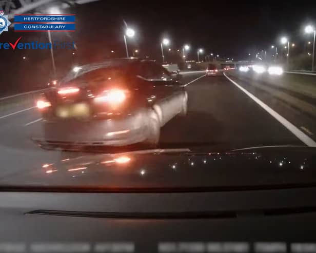 Jack Doolan was caught on dashcam swerving across the M25 in Hertfordshire after a space saver tyre burst. He was taken to court after the crash.