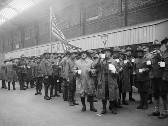 Refreshments for newly arrived U.S. soldiers at the American Y.M.C.A. in Liverpool. September 1918.