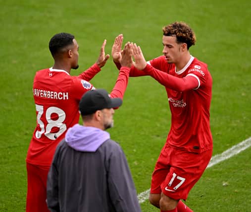 Liverpool midfielder Ryan Gravenberch, left, with Curtis Kones. Picture: Andrew Powell/Liverpool FC via Getty Images