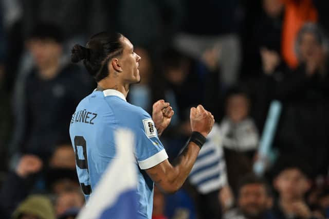 Darwin Nunez celebrates after scoring during the 2026 FIFA World Cup South American qualification football match between Uruguay and Brazil at the Centenario Stadium in Montevideo on October 17, 2023. (Photo by Eitan ABRAMOVICH / AFP) (Photo by EITAN ABRAMOVICH/AFP via Getty Images)