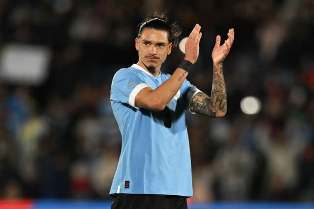 Uruguay’s forward Darwin Nunez celebrates after defeating Brazil during the 2026 FIFA World Cup South American qualification football match between Uruguay and Brazil at the Centenario Stadium in Montevideo on October 17, 2023. (Photo by Eitan ABRAMOVICH / AFP) (Photo by EITAN ABRAMOVICH/AFP via Getty Images)