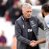 David Moyes, Manager of West Ham United, and Dominic Calvert-Lewin of Everton shake hands following the Premier League match between West Ham United and Everton FC at London Stadium on October 29, 2023 in London, England. (Photo by Ryan Pierse/Getty Images)