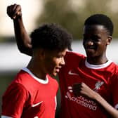 Trent Kone-Doherty, left, celebrates scoring for Liverpool under-18s. Picture: Nick Taylor/Liverpool FC/Liverpool FC via Getty Images