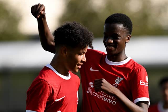Trent Kone-Doherty, left, celebrates scoring for Liverpool under-18s. Picture: Nick Taylor/Liverpool FC/Liverpool FC via Getty Images