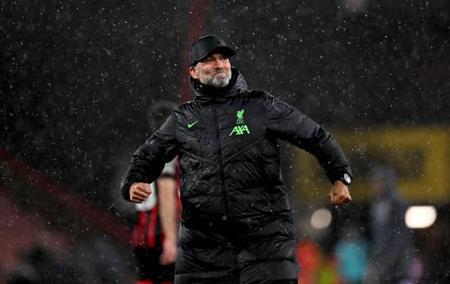Jurgen Klopp manager of Liverpool celebrating to the fans at the end of the Carabao Cup Fourth Round match between AFC Bournemouth and Liverpool at Vitality Stadium on November 01, 2023 in Bournemouth, England. (Photo by Andrew Powell/Liverpool FC via Getty Images)