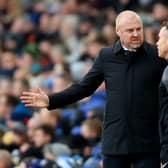  Sean Dyche, Manager of Everton, talks to fourth official, Steve Martin during the Premier League match between Everton FC and Brighton & Hove Albion at Goodison Park on November 04, 2023 in Liverpool, England. (Photo by Jess Hornby/Getty Images)