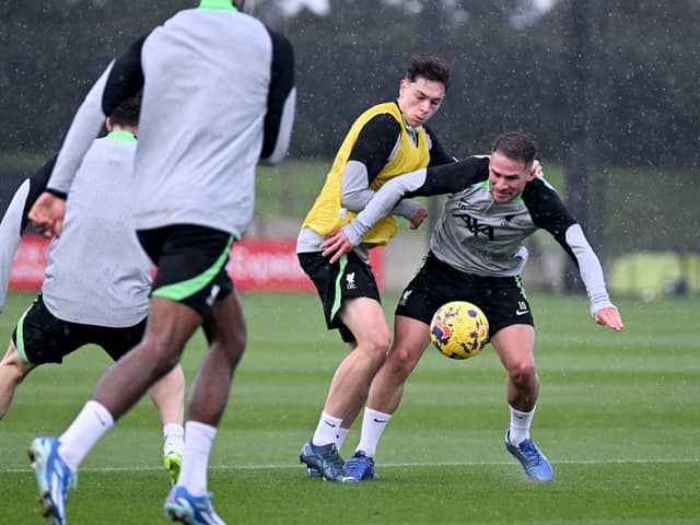 Liverpool youngster Luke Chambers in training alongside Alexis Mac Allister. Picture: Andrew Powell/Liverpool FC via Getty Images