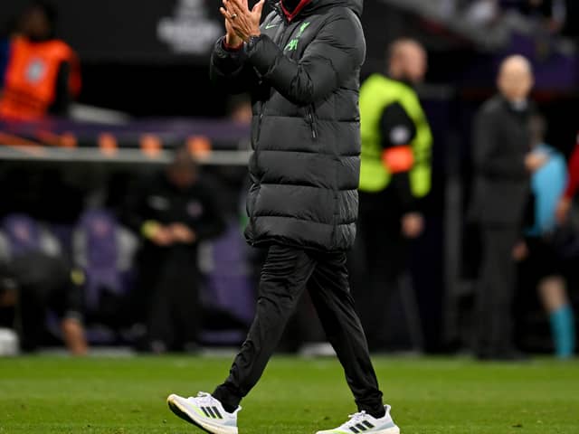 Jurgen Klopp manager of Liverpool showing his appreciation to the fans at the end of the UEFA Europa League match between Toulouse FC and Liverpool FC at Stadium de Toulouse on November 09, 2023 in Toulouse, France. (Photo by Andrew Powell/Liverpool FC via Getty Images)