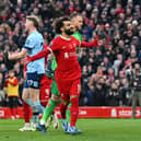 Mohamed Salah of Liverpool celebrates. (Photo by John Powell/Liverpool FC via Getty Images)