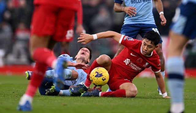 Wataru Endo of Liverpool during the Premier League match between Liverpool FC and Brentford FC at Anfield on November 12, 2023 in Liverpool, England. (Photo by Andrew Powell/Liverpool FC via Getty Images)