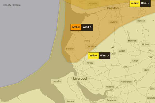 Yellow and amber weather alerts are in place over Liverpool and Merseyside. Image: Met Office
