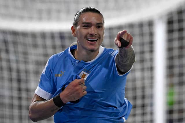 Uruguay's forward Darwin Nunez celebrates after scoring during the 2026 FIFA World Cup South American qualification football match between Argentina and Uruguay at La Bombonera stadium in Buenos Aires on November 16, 2023. (Photo by Luis ROBAYO / AFP) (Photo by LUIS ROBAYO/AFP via Getty Images)