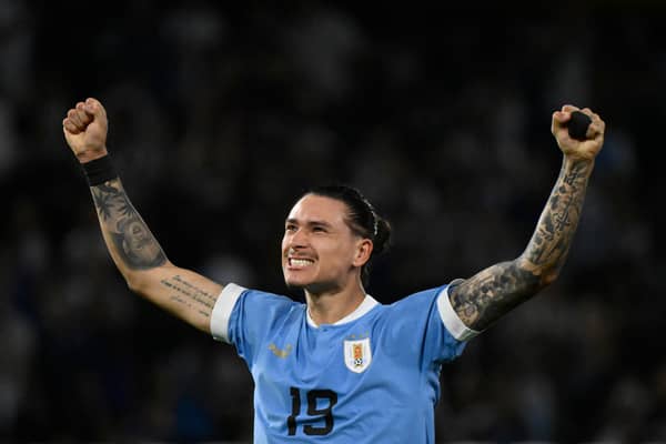 Darwin Nunez celebrates after defeating Argentina during the 2026 FIFA World Cup South American qualification football match between Argentina and Uruguay at La Bombonera stadium in Buenos Aires on November 16, 2023. (Photo by Luis ROBAYO / AFP) (Photo by LUIS ROBAYO/AFP via Getty Images)