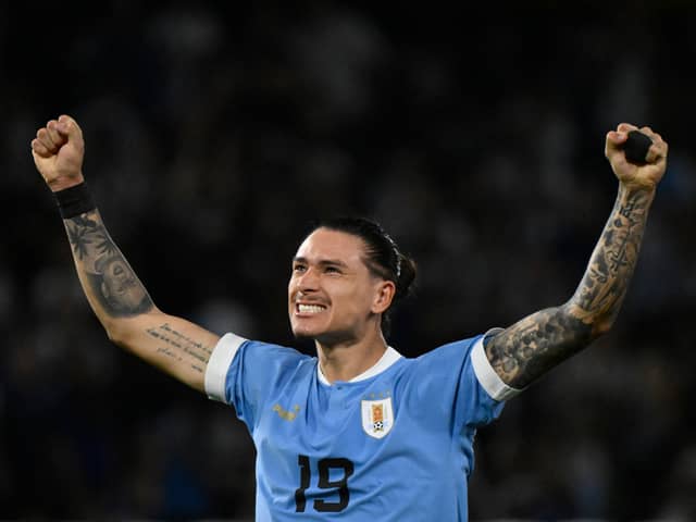 Darwin Nunez celebrates after defeating Argentina during the 2026 FIFA World Cup South American qualification football match between Argentina and Uruguay at La Bombonera stadium in Buenos Aires on November 16, 2023. (Photo by Luis ROBAYO / AFP) (Photo by LUIS ROBAYO/AFP via Getty Images)