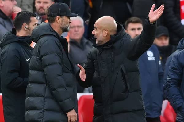Man City manager Pep Guardiola, right, and Liverpool boss Jurgen Klopp. Picture: Laurence Griffiths/Getty Images