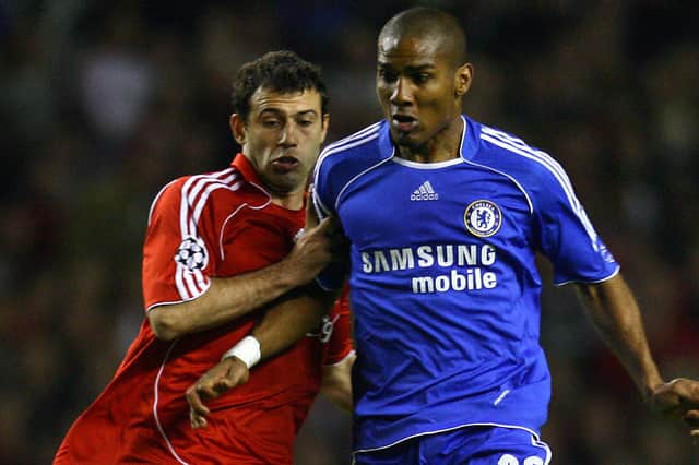Florent Malouda, right, battles Javier Mascherano for the ball during a clash between Chelsea and Liverpool. Picture: PAUL ELLIS/AFP via Getty Images