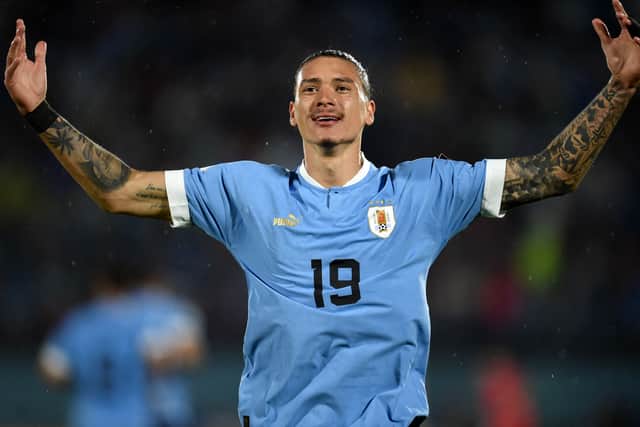 Darwin Nunez celebrates scoring Uruguay's first goal during the 2026 FIFA World Cup South American qualification football match between Uruguay and Bolivia at the Centenario Stadium in Montevideo on November 21, 2023. (Photo by DANTE FERNANDEZ/AFP via Getty Images)