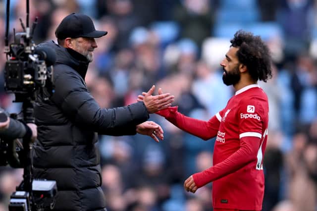 Liverpool manager Jurgen Klopp with Mo Salah after the 1-1 draw against Man City. Picture: Andrew Powell/Liverpool FC via Getty Images