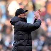 Liverpool manager Jurgen Klopp applauds the travelling fans after the 1-1 draw against Man City.  Picture: Andrew Powell/Liverpool FC via Getty Images