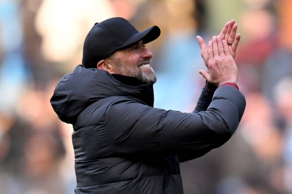 Liverpool manager Jurgen Klopp applauds the travelling fans after the 1-1 draw against Man City.  Picture: Andrew Powell/Liverpool FC via Getty Images