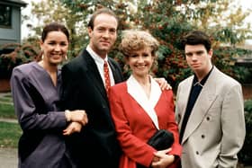 The Corkhill family, played by (left to right) Claire Sweeney, Dean Sullivan, Sue Jenkins, and George Christopher, from soap Brookside. Credit: Lime Pictures/PA