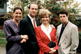 The Corkhill family, played by (left to right) Claire Sweeney, Dean Sullivan, Sue Jenkins, and George Christopher, from soap Brookside  Credit: Lime Pictures/PA