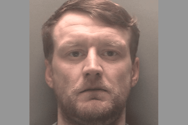 Mark Powell’s erratic activities which began at 5.00am one morning were captured on CCTV which was shown to Liverpool Crown Court. He was seen on the footage masturbating and banging the worker’s head on the office window. Photo: Merseyside Police
