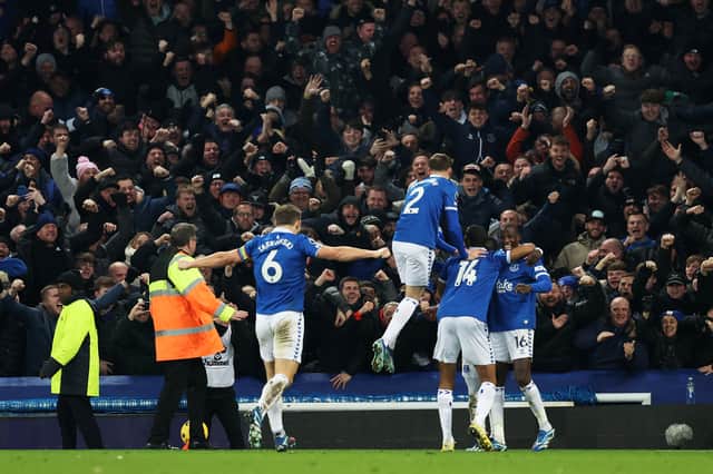 Everton celebrate in front of the fans after scoring in the 3-0 victory over Newcastle United. Picture: Clive Brunskill/Getty Images