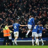Everton celebrate in front of the fans after scoring in the 3-0 victory over Newcastle United. Picture: Clive Brunskill/Getty Images