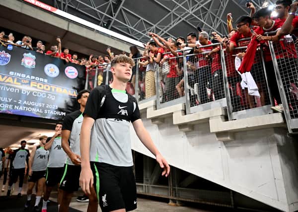 James McConnell of Liverpool during a training session at Singapore National Stadium on July 29, 2023 in Kallang, Singapore. (Photo by Andrew Powell/Liverpool FC via Getty Images)
