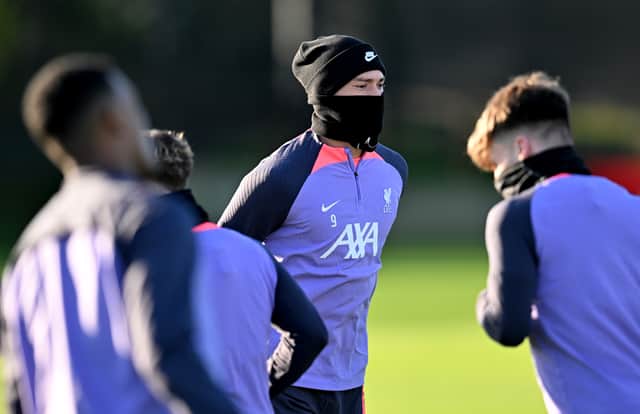 Darwin Nunez of Liverpool during a training session at Axa Training Centre on December 13, 2023 in Liverpool, England. (Photo by Andrew Powell/Liverpool FC via Getty Images)