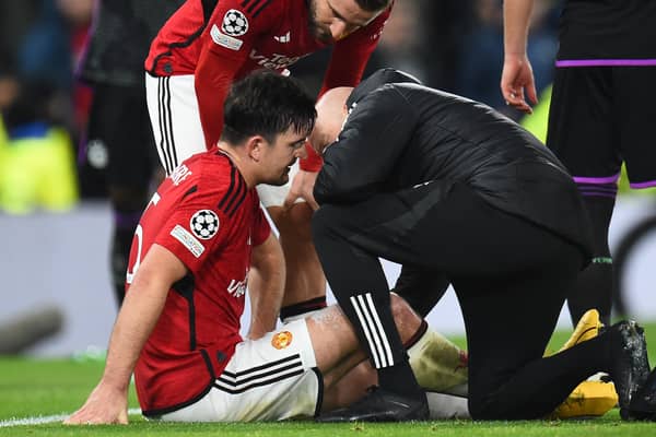 Harry Maguire was forced off injury for Man Utd against Bayern Munich. Picture: PETER POWELL/AFP via Getty Images