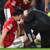 Harry Maguire was forced off injury for Man Utd against Bayern Munich. Picture: PETER POWELL/AFP via Getty Images