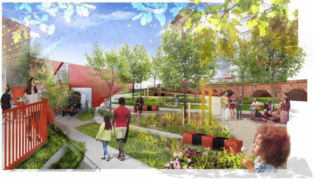 The 800m long linear park would be based on land that formed one of the oldest railway lines in the world and connect the new urban garden village at Hind Street with Wirral Waters, passing through the heart of the town. Image: Wirral Council