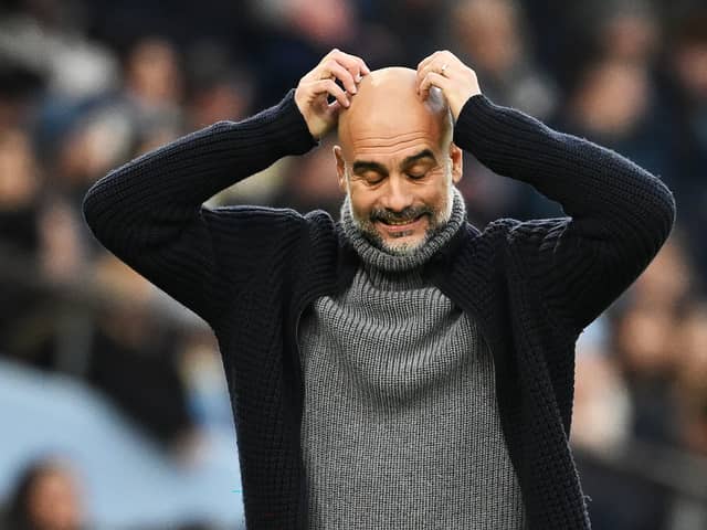  Pep Guardiola, Manager of Manchester City, reacts during the Premier League match between Manchester City and Crystal Palace at Etihad Stadium on December 16, 2023 in Manchester, England. (Photo by Michael Regan/Getty Images)