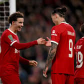 Curtis Jones of Liverpool celebrates after scoring the second goal with Darwin Nunez of Liverpool during the Carabao Cup Quarter Final match between Liverpool and West Ham United at Anfield on December 20, 2023 in Liverpool, England. (Photo by Andrew Powell/Liverpool FC via Getty Images)