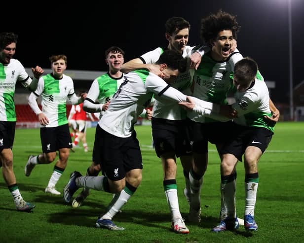  Jayden Danns of Liverpool (R2) celebrates with teammates after scoring their team's second goal during the FA Youth Cup Third Round match between Fleetwood Town U18 and Liverpool FC U18 at Highbury Stadium on December 19, 2023 in Fleetwood, England. (Photo by Jess Hornby/Getty Images)